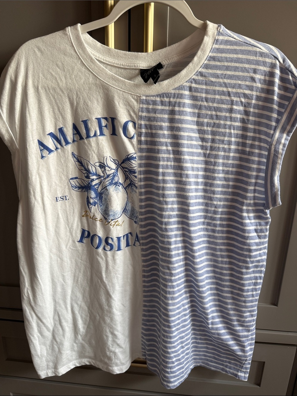 Split-Panel Amalfi Graphic Tee in White and Light Blue
